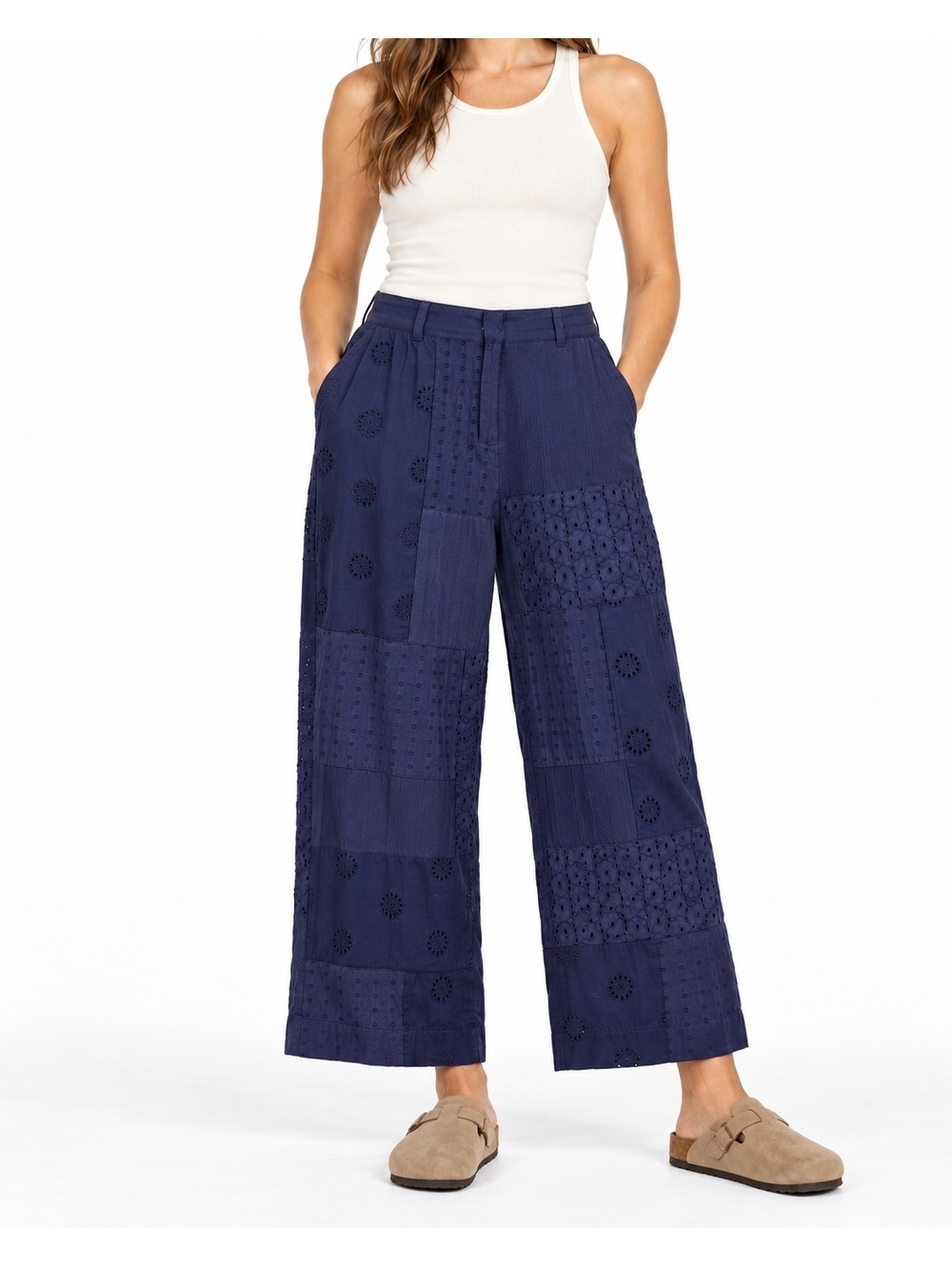 Zara Navy Patchwork Eyelet Embroidered Wide Leg Pants Size S NWT